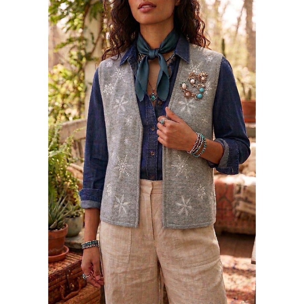 Herman Geist Womens Gray Wool Snowflake Embroidered Full Zip Sweater Vest Large